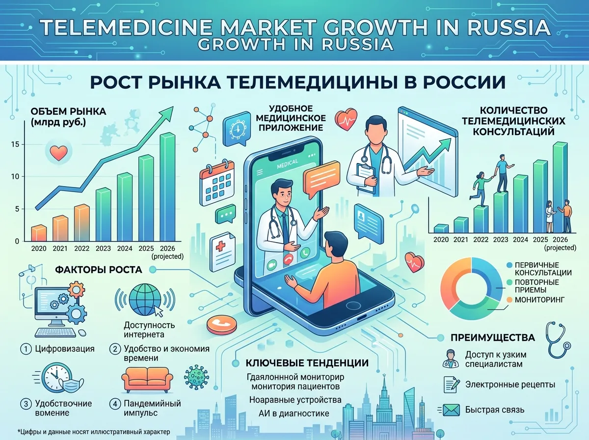 Инфографика с показателями роста рынка телемедицины в России: графики, иконки врача и смартфона с медицинским приложением